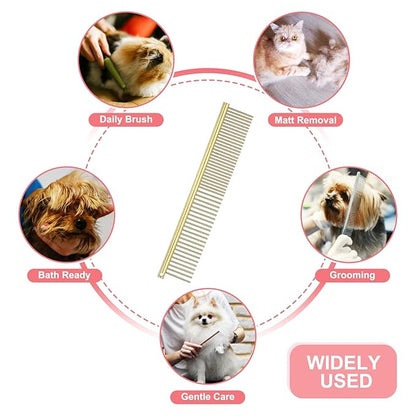 PETAXCELL Dog Cat Comb, Pet Combs Stainless Steel Teeth with Rounded Ends for Knots Mats Loose Hair Removal, 6.5IN (Gold Plated, 3 Pack), Grooming Tool Intended for Long Curly Hair Pet