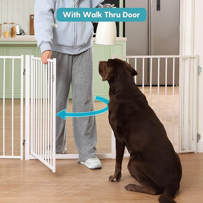 No Pawblems Free Standing Dog Gate with Door, 30'' Tall Foldable Dog Fence for Indoor & Outdoor, Up to 104 Inch Extra Wide Puppy Gate for Stairs, Hallways, Doorways, Deck, Yard (White, 4 Panels)