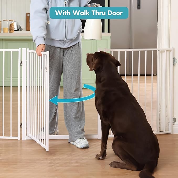 No Pawblems Free Standing Dog Gate with Door, 30'' Tall Foldable Dog Fence for Indoor & Outdoor, Up to 156 Inch Extra Wide Puppy Gate for Stairs, Hallways, Doorways, Deck, Yard (White, 6 Panels)