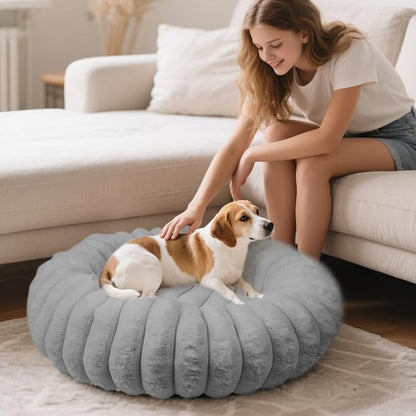 Vhen When Donut Dog and Cat Bed, Luxurious Comfortable Faux Rabbit Fur Pet Beds, Round Anti-Anxiety Calming Puppy Kitten Bed with Anti-Slip Bottom for Small Medium Dogs & Cats(36", Grey)