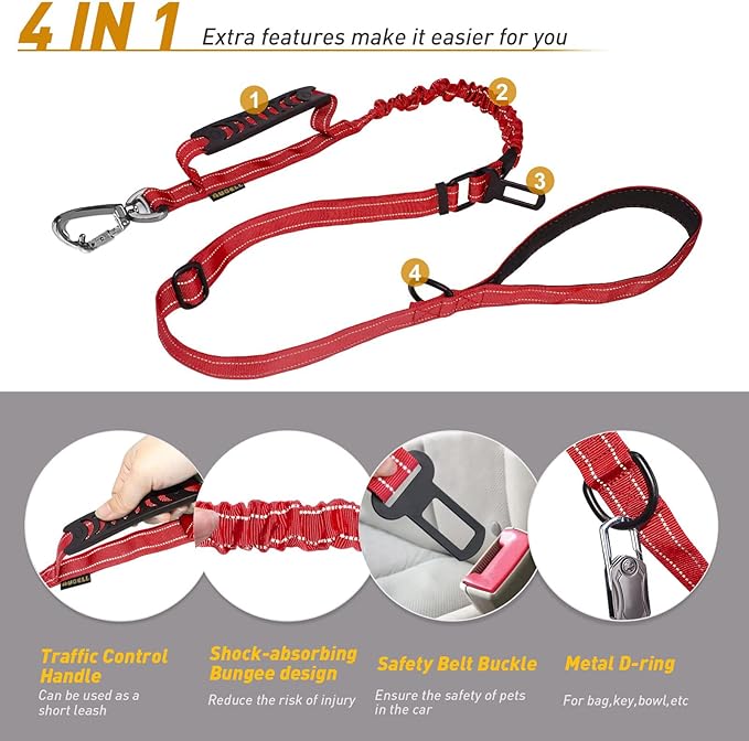 AUBELL Tactical Dog Leash Heavy Duty,4-6ft Reflective Strong No Pull Bungee Leash for Medium Large Dogs with Comfortable Padded Double Handle,Car Seat Belt,360 Degree Rotating Carabiner,Red