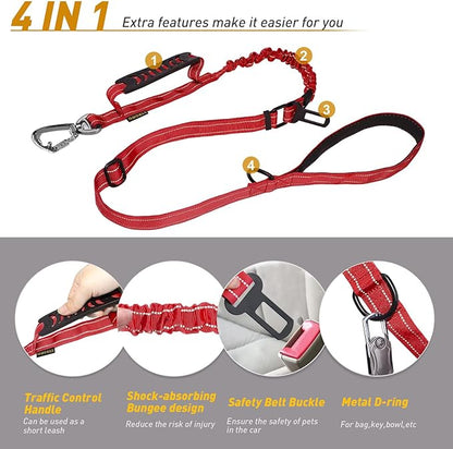 AUBELL Tactical Dog Leash Heavy Duty,4-6ft Reflective Strong No Pull Bungee Leash for Medium Large Dogs with Comfortable Padded Double Handle,Car Seat Belt,360 Degree Rotating Carabiner,Red