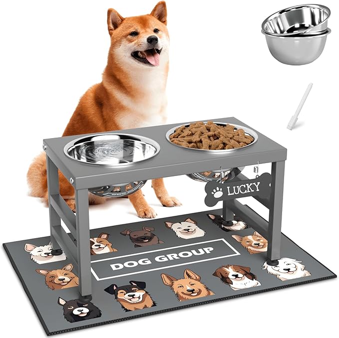 ADENGL Elevated Dog Bowls, 10" Tall Height, Raised Bowl Stand with 2 Stainless Steel Food Feeder Bowls (58oz) and Spill-Proof Mat for Medium Large and Small Breeds, Grey