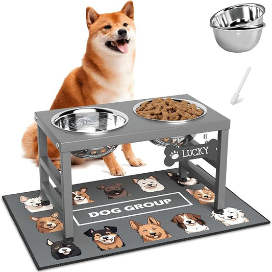 ADENGL Elevated Dog Bowls, 10" Tall Height, Raised Bowl Stand with 2 Stainless Steel Food Feeder Bowls (58oz) and Spill-Proof Mat for Medium Large and Small Breeds, Grey