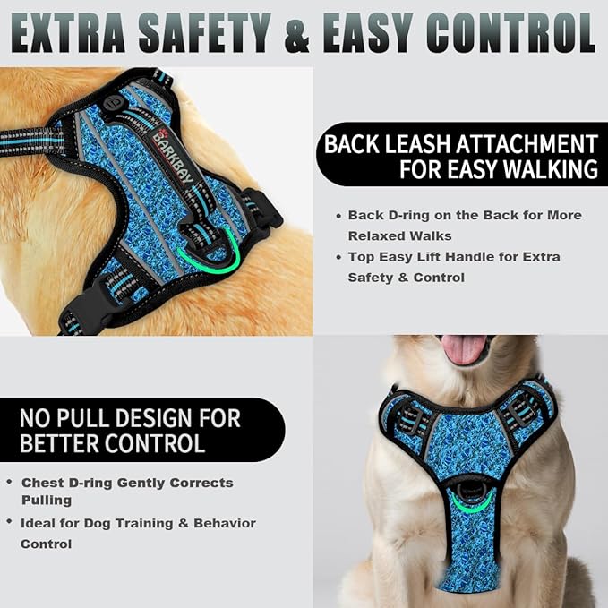 BARKBAY No Pull Dog Harness Large Step in Reflective Dog Harness with Front Clip and Easy Control Handle for Walking Training Running with ID tag Pocke(Blue/Black,M