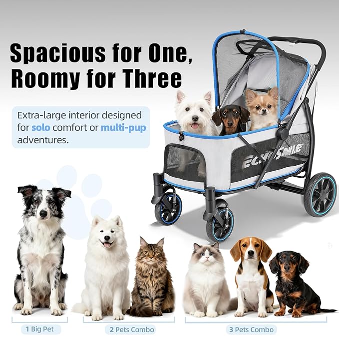 EchoSmile Dog Stroller for Large Dogs, 135lbs Weight Extra Large Pet Stroller, 4 Wheels Cats & Dogs Carrier with Brakes, Breathable Mesh Windows & Pocket, Blue