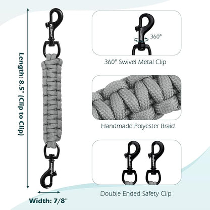 PetBonus Dog Collar Safety Clip, Handmade Backup Safety Strap for Dog Harness, Prong, Pinch Collar, Double Ended Clasp Leash Connector (Grey)