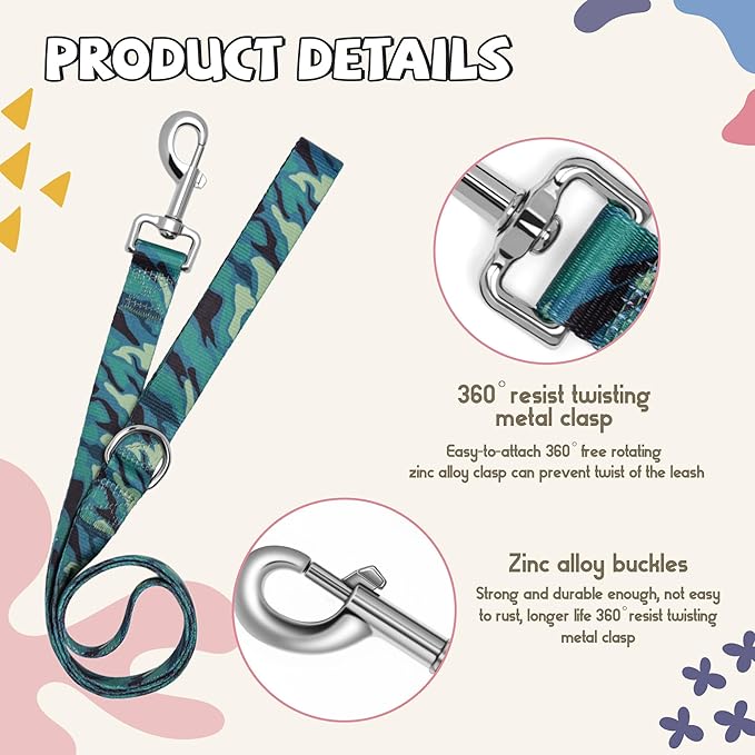 Print Patterned Dog Collar Leash Set, Adjusted Quick-Release Plastic Buckles and Heavy-Duty Steel D-Ring Nylon Collar Leash Set Strong Durable, Green Camo,M
