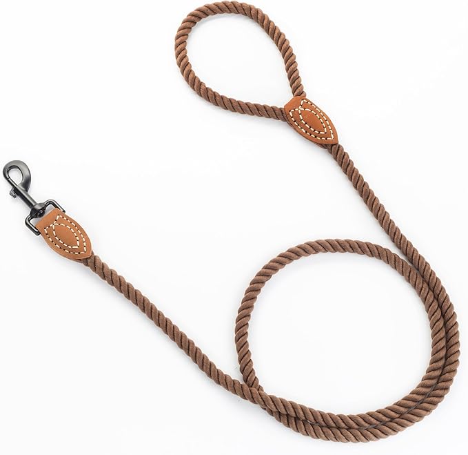Mile High Life Dog Leash, Braided Cotton Rope Leashes with Leather Tip - Heavy Duty Metal Clasp, 4FT, 1/2" Thick - Wedding, Walking & Training Leash for Small Medium Large Dogs (Dark Brown)