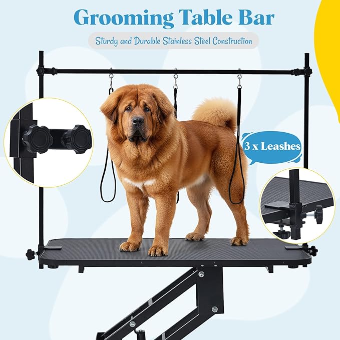 Garvee 43.3" Hydraulic Dog Grooming Table for Pet, Heavy Duty Structural Hydraulic Max Load 350Lbs Professional Pet Grooming Table with Adjustable Overhead Arm & Noose Height Range 22''-39'' (Black)