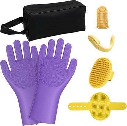 7-Piece Pet Grooming Kit with Storage Bag | Portable Bathing Set for Dogs & Cats | Includes Silicone Gloves, Deshedding Brushes & Finger Toothbrushes | All-in-One Pet Care (Lavender Purple)-MIYIJHY