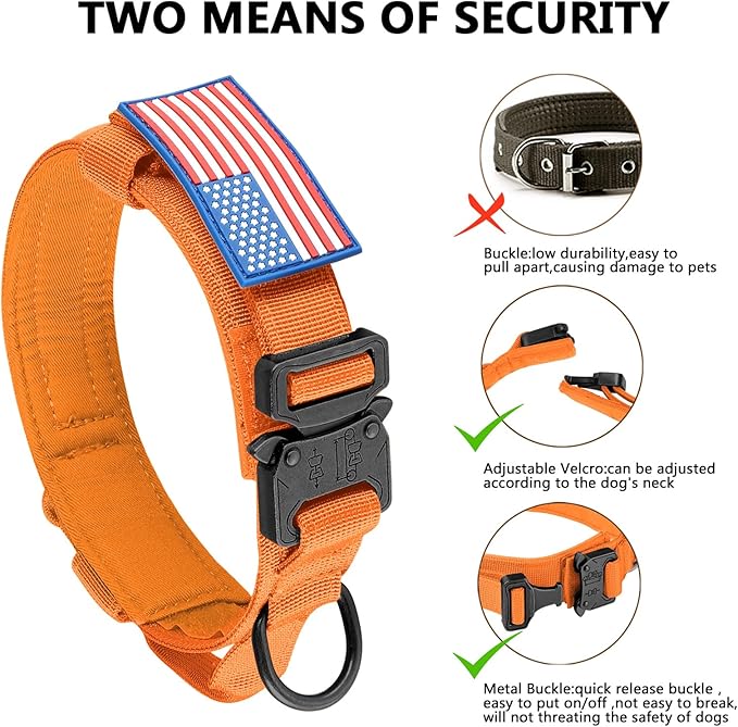 DAGANXI Tactical Dog Collar, Adjustable Military Training Nylon Dog Collar with Control Handle and Heavy Metal Buckle for Medium and Large Dogs, with Patches and Airtags Case (Orange, XL)