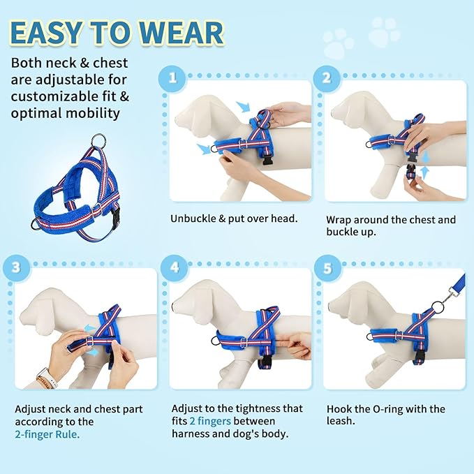SlowTon No Pull Small Dog Harness and Leash Set, Puppy Soft Vest Harness Neck & Chest Adjustable, Reflective Lightweight Harness & Anti-Twist Pet Lead Combo for Small Medium Dogs (DB-Front Clip, XXS)