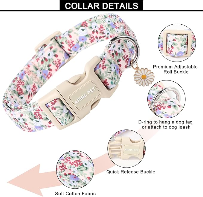 ARING PET Floral Dog Collar, Cute Purple Flower Spring Summer Pet Collars with Quick Release Buckle for Puppy Small Medium Large Boy Girl Dogs-L