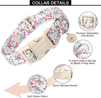 ARING PET Floral Dog Collar, Cute Purple Flower Spring Summer Pet Collars with Quick Release Buckle for Puppy Small Medium Large Boy Girl Dogs-L