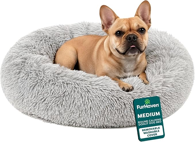 Furhaven 30" Round Calming Donut Dog Bed for Medium/Small Dogs, Refillable w/ Removable Washable Cover, Up to 45 lbs - Shaggy Plush Long Faux Fur Donut Bed -Mist Gray, Medium,30.0"L x 30.0"W x 10.0"Th