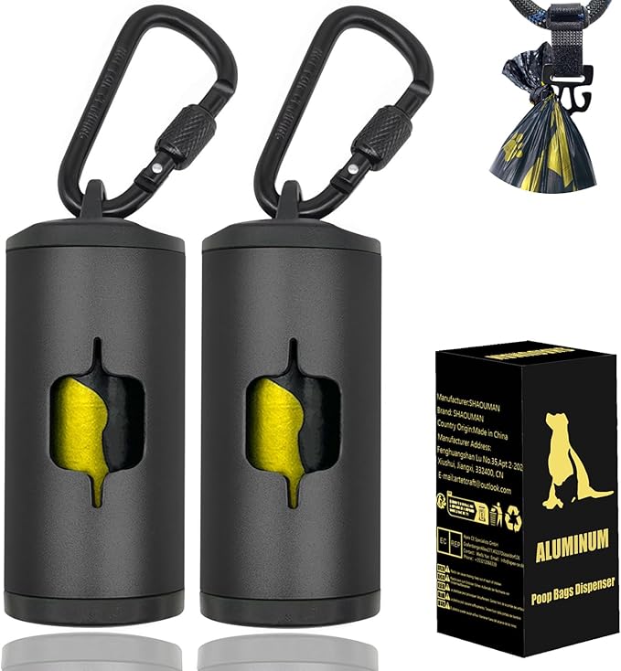 Metal Dog Poop Bag Holder 2-Pack w/Leash Clip|Durable Scratch-Resistant Aluminum|30 Bags+6 Accessories（Black）