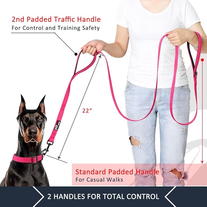 Plutus Pet Double Handle Dog Leash 5ft, Heavy Duty, Reflective Dual Handle Dog Leash for Safety Training, for Medium Large Dogs,2 Handle Leads(Pink)