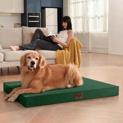 Tail Stories Outdoor Large Washable Dog Bed, Orthopedic Egg Crate Foam Dog Crate Mat for Large Dogs with Removable Oxford Cooling Cover, Dark Green