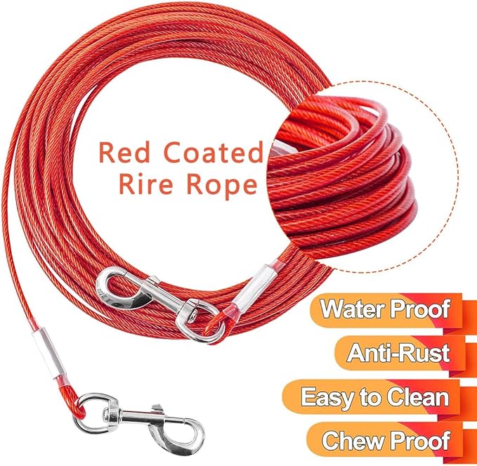 Tie Out Cable for Dogs,10/20/30/50/100FT Dog Leads for Yard Chew Proof,Heavy Duty Tie Out Cable for Large Dogs Up to 125lbs,Dog Runner Tether (Red, 125Ibs 10ft)