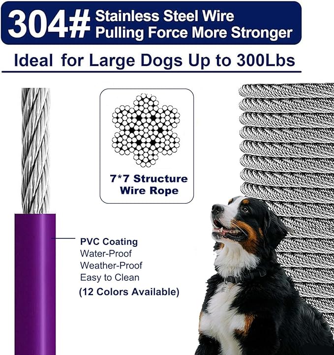 50ft Dog Tie Out Run Cable for Dogs Up to 300lbs, Long Chains Training Tether Leash Heavy Duty Pet Run Cable with Stainless Dual Fix Buckle for Yard Garden Park Camping Training Outside(Purple)