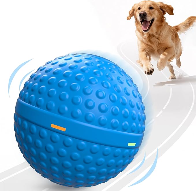 SNOYWEN Chew Resistant Smart Interactive Dog Balls, Durable Food-Grade Rubber Material, Automatic Moving, Bouncing, Rotating Toy with Light for Medium, Large Dogs, IPX7 Waterproof (Blue)