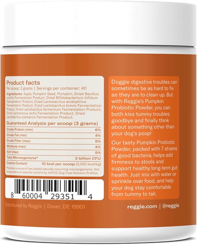 Reggie Pumpkin Probiotic Powder for Dogs | 7-Strain Probiotics + Pumpkin for Gut Health, Digestion & Stool Consistency | Natural Dog Digestive Supplement | Vet-Approved & Made in USA | 40 Scoops