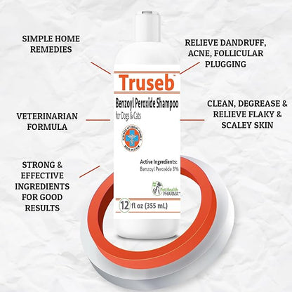 Truseb | Benzoyl Peroxide 3% Shampoo for Dogs,Cats and Horses (3% Benzoyl Peroxide Shampoo, 12 oz)