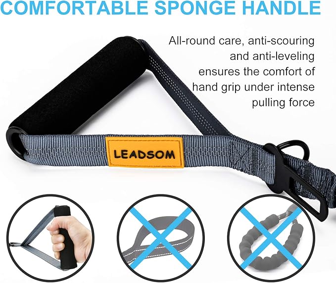 LEADSOM 6FT Highly Reflective Heavy Duty Elastic Bungee Medium and Large Dog Leash Shock Absorbing with Comfortable Padded Handle and Traffic Handle Suitable for Training Grey