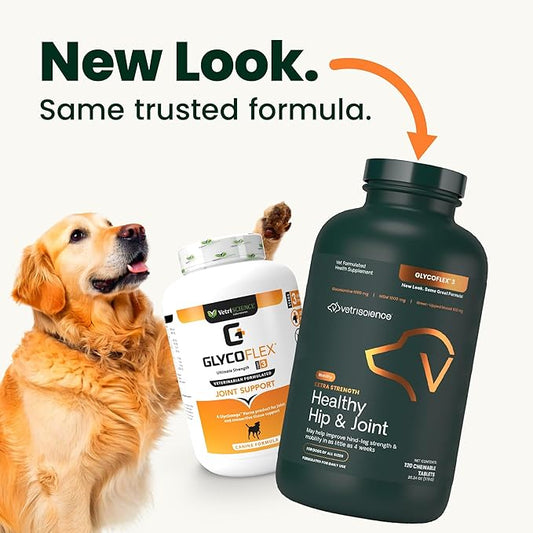 VetriScience Extra Strength Healthy Hip & Joint Chewable Tablets, GlycoFlex Glucosamine and Green-Lipped Mussel Joint Support Supplement for Dogs, Soothe Joint Discomfort, Chicken, 120 Count