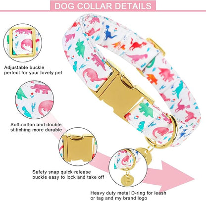 Dinosaur Summer Cotton Dog Collar with Metal Buckle Gift Collar for Small Medium Large Girls or Boys Dogs Cute Durable Comfortable Pet Collars