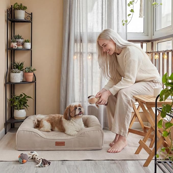 hush bone 28 Inch Orthopedic Dog Couch Bed for Medium Dogs Up to 30 lbs,Cooling Gel Memory Foam + Egg Crate Foam,Waterproof Removable Washable Cover,4-Sided Bolster,Non-Slip Bottom,Beige