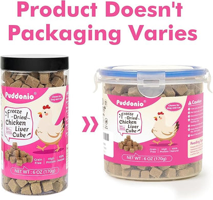 Puddonio Freeze Dried Cats & Dogs Raw Treats, All Natural Single Ingredient Chicken Liver, High Protein Healthy Pet Training Treats or Food Topper, 6 oz