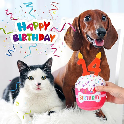 Dog Birthday Cake Toy Accessories for Girl Boy Gifts, Squeaky Plush Toy for Dog Birthday Party Decor Favor for Large, Medium and Small Dogs(14th,Pink)