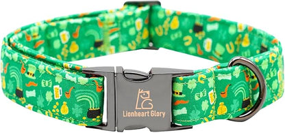Lionheart glory Dog Collar, Cotton, Lucky Clover & Beer, Adjustable, XS-XL, Handmade Bow, for Small Dogs