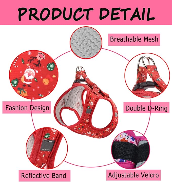 Moonpet Step in Christmas Xmas Day Dog Harness Leash Set- All Weather Reflective No-Pull Floral Pattern Padded Mesh Vest Harness for Cats Puppy Extra-Small Small Medium Large Dogs - M