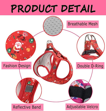 Moonpet Step in Christmas Xmas Day Dog Harness Leash Set- All Weather Reflective No-Pull Floral Pattern Padded Mesh Vest Harness for Cats Puppy Extra-Small Small Medium Large Dogs - M