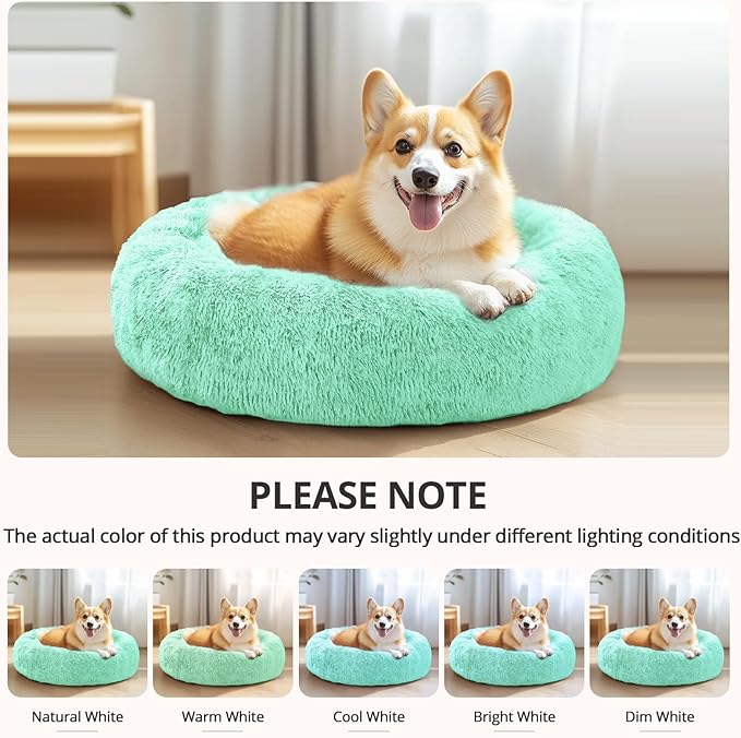 JOLLYVOGUE Calming Small Dog & Cat Bed for Indoor Cats - 20 inches Washable Donut Bed for Kittens & Puppies, Anti-Anxiety Round Fluffy Plush Pet Beds (Fits up to 15 lbs, Mint Green)