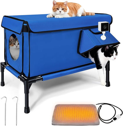 Heated Outdoor Cat House Weatherproof, Small/Large Insulated Cat House for Indoor, Winter Stray/Feral Cat Shelter (Blue Cat Shelter, Large-25.6"×16.5"×12")