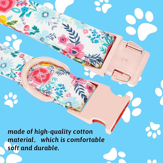 Dog Collar and Leash Set Girls Adjustable Puppy Collars with Floral Bow Tie for Small Medium Large Female Dogs, Teal Flower, XS