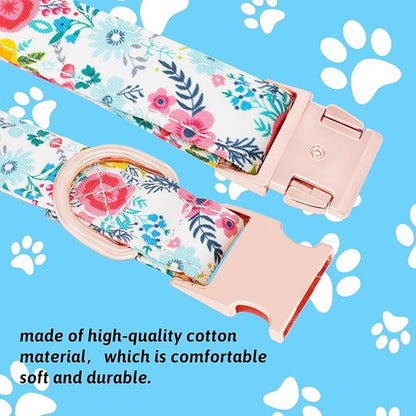 Dog Collar and Leash Set Girls Adjustable Puppy Collars with Floral Bow Tie for Small Medium Large Female Dogs, Teal Flower, L