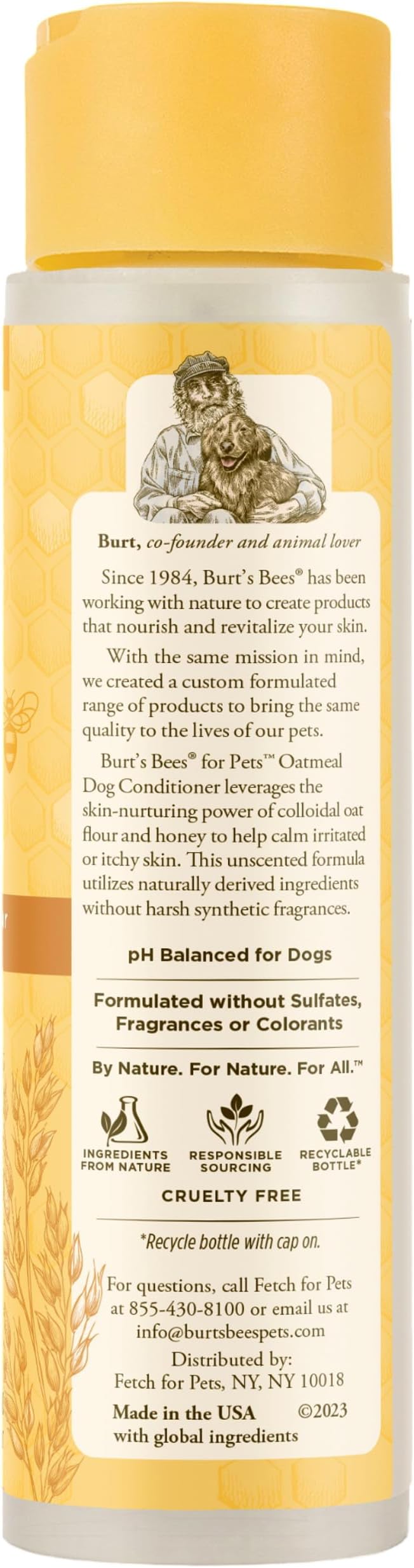 Burt's Bees for Pets Oatmeal Dog Conditioner with Colloidal Oat Flour and Honey, 95% Natural Origin Formulas, Gentle Canine Conditioning for Itchy Dogs, 6pk, 10 oz
