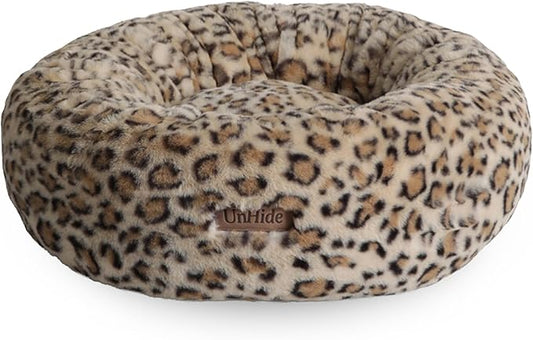 UnHide Floof Pet Bed - Medium (28" x 10") - Extra Soft Dog Bed - Removable Faux Fur Cover - Machine Washable - Helps Ease Pet Anxiety & Provides The Perfect Sleep - Leopard