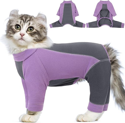 SUNFURA Hair Sticky Cat Clothes, Cat Sweater for Cats Only, 4-Legged Fleece Sweaters Kitten Pajamas Reduce Shedding Fur, Warm Pullover Shirts for Cats, Purple M