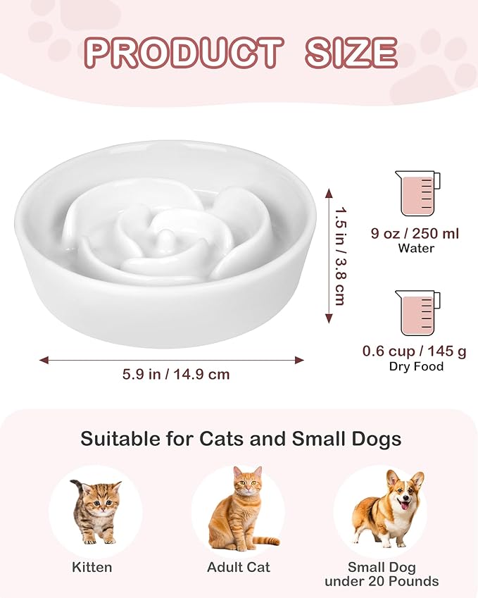 TRUVIC Ceramic Slow Feeder Dog Bowls Small Breed, 0.6 Cup Slow Feeder Cat Bowls for Fast Eaters, Ceramic Dog Food Dish no Black Chin, Puzzle Bowl for Small Dogs and Cats, White