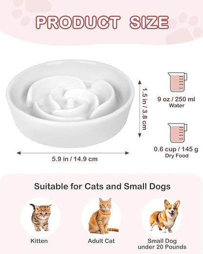 TRUVIC Ceramic Slow Feeder Dog Bowls Small Breed, 0.6 Cup Slow Feeder Cat Bowls for Fast Eaters, Ceramic Dog Food Dish no Black Chin, Puzzle Bowl for Small Dogs and Cats, White