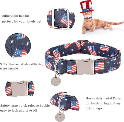American Flag Dog Collar with Bow Tie, 4th of July Comfortable Cotton Cute Dog Collar with Metal Buckle, Patriotic Bowtie Collar for Puppy Girl Boy Dog, L