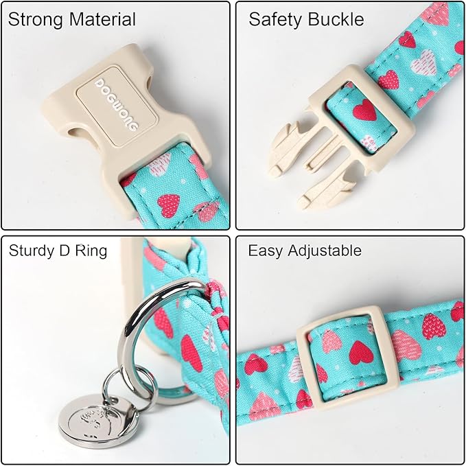 DOGWONG Valentine's Dog Collar - Blue Heart Adjustable Cotton Heart Dog Collar - Perfect for Medium & Large Dogs