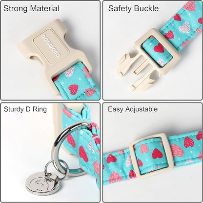 DOGWONG Valentine's Dog Collar - Blue Heart Adjustable Cotton Heart Dog Collar - Perfect for Small, Medium, Large Dogs