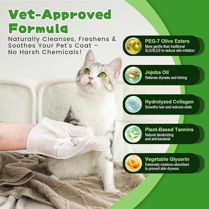 Pet Glove Wipes for Dogs & Cats,Shedding Control, Dander Removal & Paw Cleaning, Travel Essentials for Pets(32 Individual Pack)